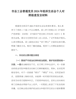 市总工会普通党员2024年组织SH会个人对照检查发言材料.docx