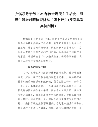 乡镇领导干部2024-2025年度专题民主SH会、组织SH会对照检查材料（四个带头+反面典型案例剖析）.docx