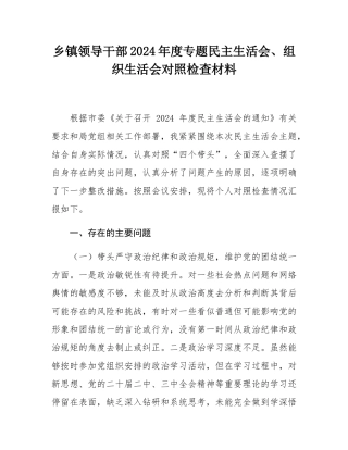 乡镇领导干部2024年度专题民主SH会、组织SH会对照检查材料.docx