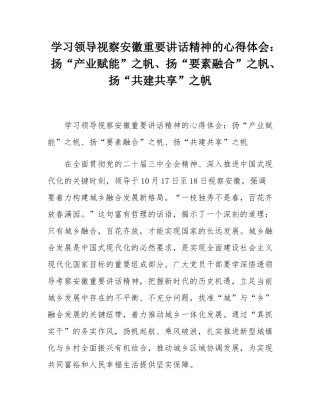 学习领导视察安徽重要讲话精神的心得体会：扬“产业赋能”之帆、扬“要素融合”之帆、扬“共建共享”之帆.docx