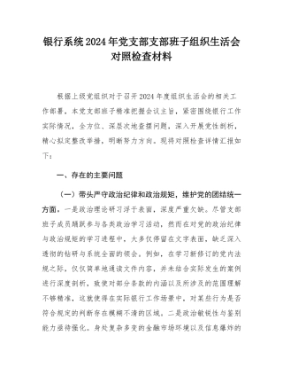 银行系统2024年党支部支部班子组织SH会对照检查材料.docx