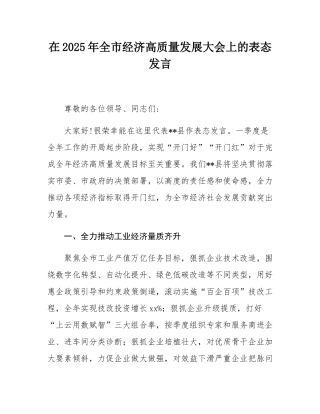 在2025年全市经济高质量发展大会上的表态发言.docx