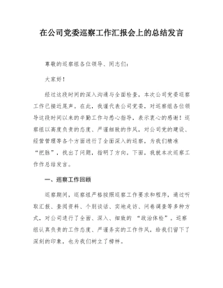 在公司党委巡察工作汇报会上的总结发言.docx