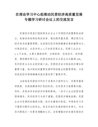 在理论学习中心组推动民营经济高质量发展专题学习研讨会议上的交流发言.docx