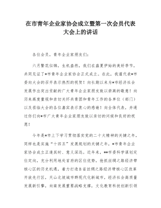在市青年企业家协会成立暨第一次会员代表大会上的讲话.docx