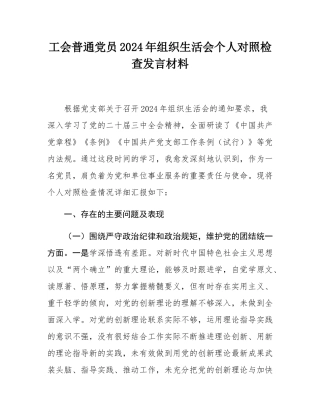 工会普通党员2024年组织SH会个人对照检查发言材料.docx