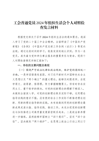 工会普通党员2024年组织生活会个人对照检查发言材料.docx
