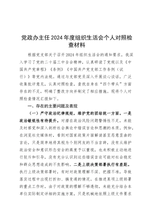 党政办主任2024年度组织生活会个人对照检查材料（四个带头，纪律规矩团结统一、党性纪律作风、清正廉洁、从严治党，检视剖析，发言提纲）20250312.docx