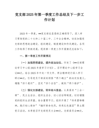 党支部2025年第一季度工作总结及下一步工作计划.docx