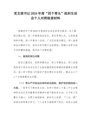 党支部书记2024年度“四个带头”组织SH会个人对照检查材料.docx