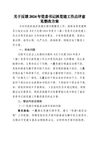 关于反馈2024年党委书记抓党建工作点评意见整改方案.doc