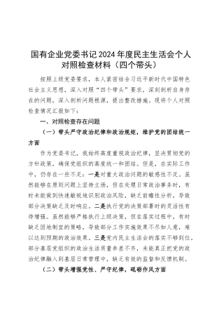 国有企业党委书记2024年度民主生活会个人对照检查材料（四个带头，纪律规矩团结统一、党性纪律作风、清正廉洁、从严治党，检视剖析，发言提纲公司）20250312.docx