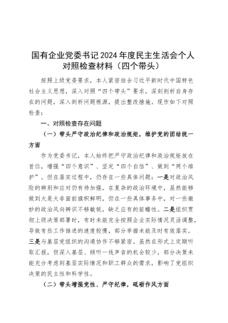 国有企业党委书记2024年度民主生活会个人对照检查材料（四个带头，纪律规矩团结统一党性纪律作风、清正廉洁、从严治党，检视剖析，发言提纲公司）20250312.docx