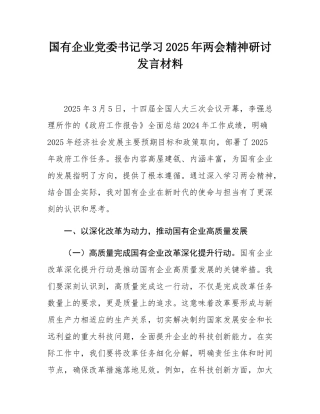 国有企业党委书记学习2025年两会精神研讨发言材料.docx
