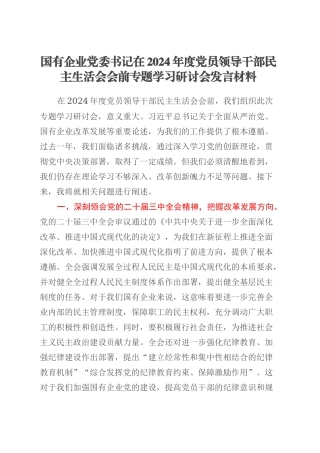 国有企业党委书记在2024年度党员领导干部民主生活会会前专题学习研讨会发言材料.docx