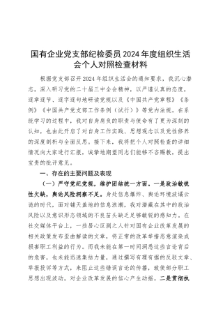 国有企业党支部纪检委员2024年度组织生活会个人对照检查材料（四个带头，纪律规矩团结统一、党性纪律作风、清正廉洁、从严治党，检视剖析，发言提纲公司）20250319.docx