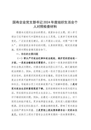国有企业党支部书记2024年度组织生活会个人对照检查材料（四个带头，纪律规矩团结统一、党性纪律作风、清正廉洁、从严治党，检视剖析，发言提纲公司）20250312.docx