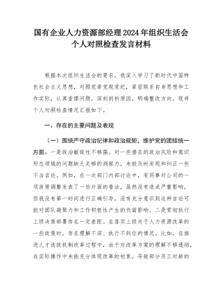 国有企业人力资源部经理2024年组织SH会个人对照检查发言材料.docx