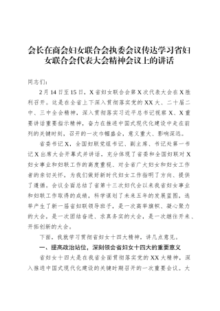会长在商会妇女联合会执委会议传达学习省妇女联合会代表大会精神会议上的讲话.docx