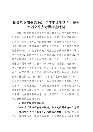 机关党支部书记2024年度组织生活会、民主生活会个人对照检查材料（四个带头，纪律规矩团结统一、党性纪律作风、清正廉洁、从严治党，检视剖析，发言提纲）20250314.docx