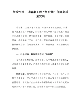 经验交流：以清廉工程“组合拳”保障高质量发展.docx