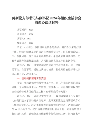 两新党支部书记与副书记2024年组织生活会会前谈心谈话材料.docx