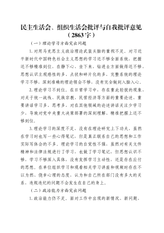 民主生活会、组织生活会批评与自我批评意见（2863字）.docx