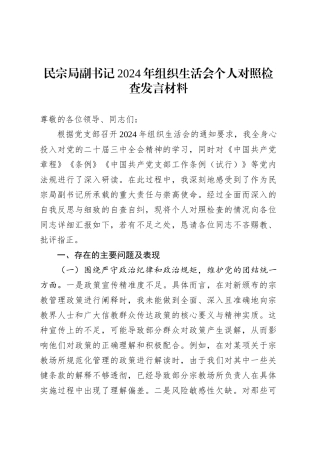 民宗局副书记2024年组织生活会个人对照检查发言材料.docx