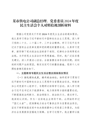 某市供电公司副总经理、党委委员2024年度民主生活会个人对照检视剖析材料.docx