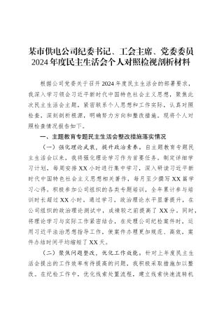 某市供电公司纪委书记、工会主席、党委委员2024年度民主生活会个人对照检视剖析材料.docx