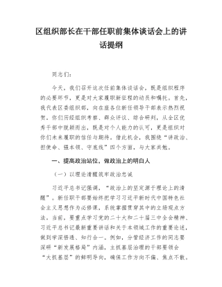 区组织部长在干部任职前集体谈话会上的讲话提纲.doc