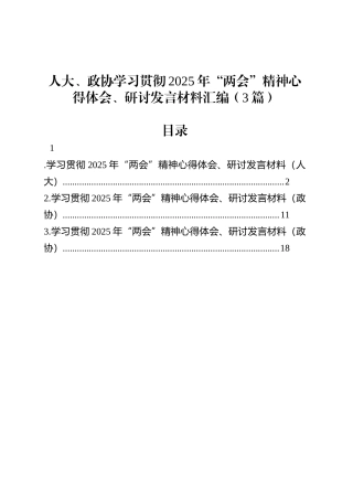 人大、政协学习贯彻2025年“两会”精神心得体会、研讨发言材料汇编（3篇）.docx