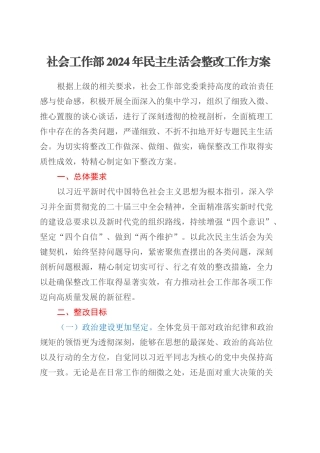 社会工作部2024年民主生活会整改工作方案.docx