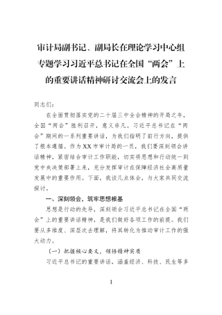 审计局副书记、副局长在理论学习中心组专题学习习近平总书记在全国“两会”上的重要讲话精神研讨交流会上的发言.docx