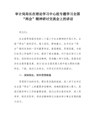审计局局长在理论学习中心组专题学习全国“两会”精神研讨交流会上的讲话.docx