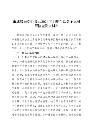 市城管局党组书记2024年组织生活会个人对照检查发言材料.docx