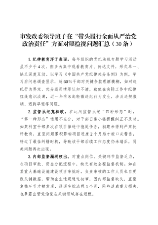 市发改委领导班子在“带头履行全面从严治党政治责任”方面对照检视问题汇总（30条）.docx