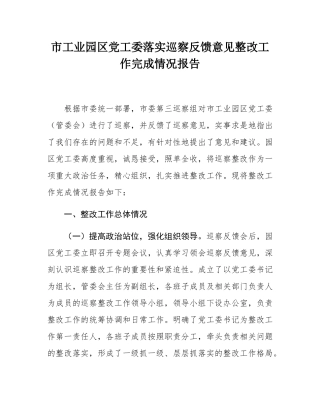市工业园区党工委落实巡察反馈意见整改工作完成情况报告.docx