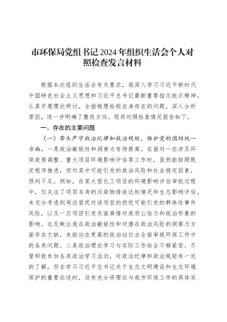 市环保局党组书记2024年组织生活会个人对照检查发言材料.docx
