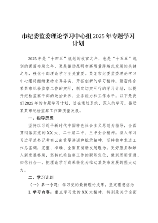 市纪委监委理论学习中心组2025年专题学习计划.docx