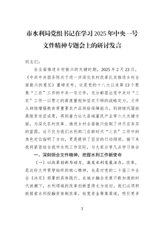 市水利局党组书记在学习2025年中央一号文件精神专题会上的研讨发言.docx