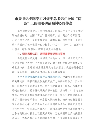 市委书记专题学习习近平总书记在全国“两会”上的重要讲话精神心得体会.docx