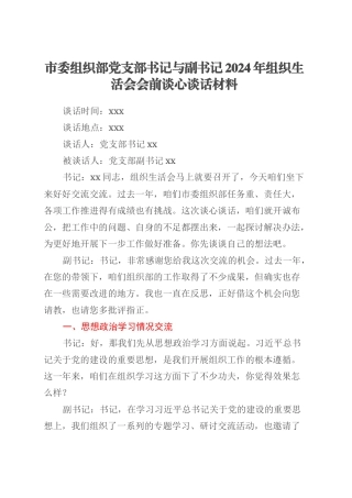 市委组织部党支部书记与副书记2024年组织生活会会前谈心谈话材料.docx