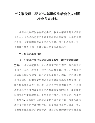 市文联党组书记2024年组织SH会个人对照检查发言材料.docx