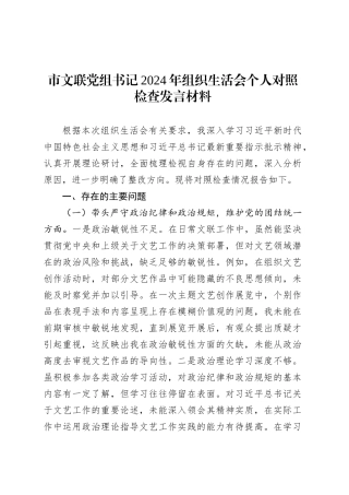 市文联党组书记2024年组织生活会个人对照检查发言材料.docx