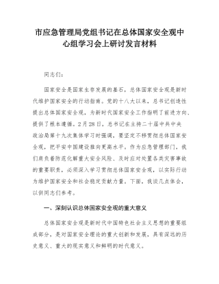 市应急管理局党组书记在总体国家安全观中心组学习会上研讨发言材料.docx