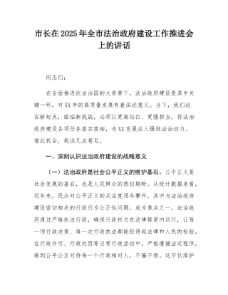 市长在2025年全市法治政府建设工作推进会上的讲话.docx