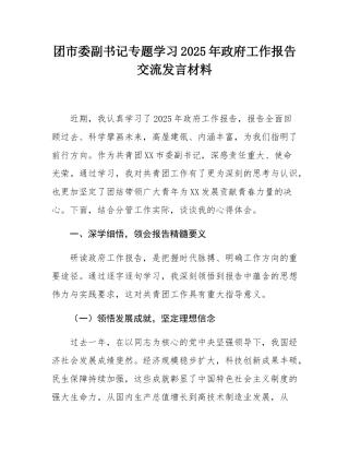 团市委副书记专题学习2025年政府工作报告交流发言材料.docx