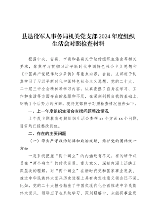 县退役军人事务局机关党支部2024年度组织生活会对照检查材料.docx