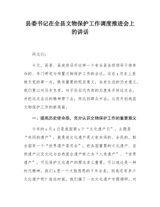县委书记在全县文物保护工作调度推进会上的讲话.docx